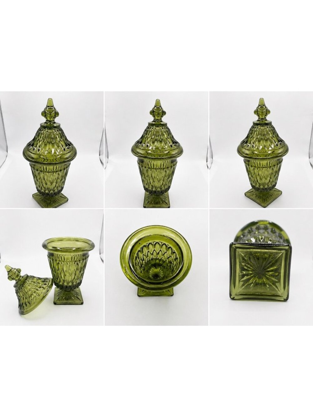 Vintage Indiana Glass Mt Vernon Green Lidded Candy Dish Pedestal 10"